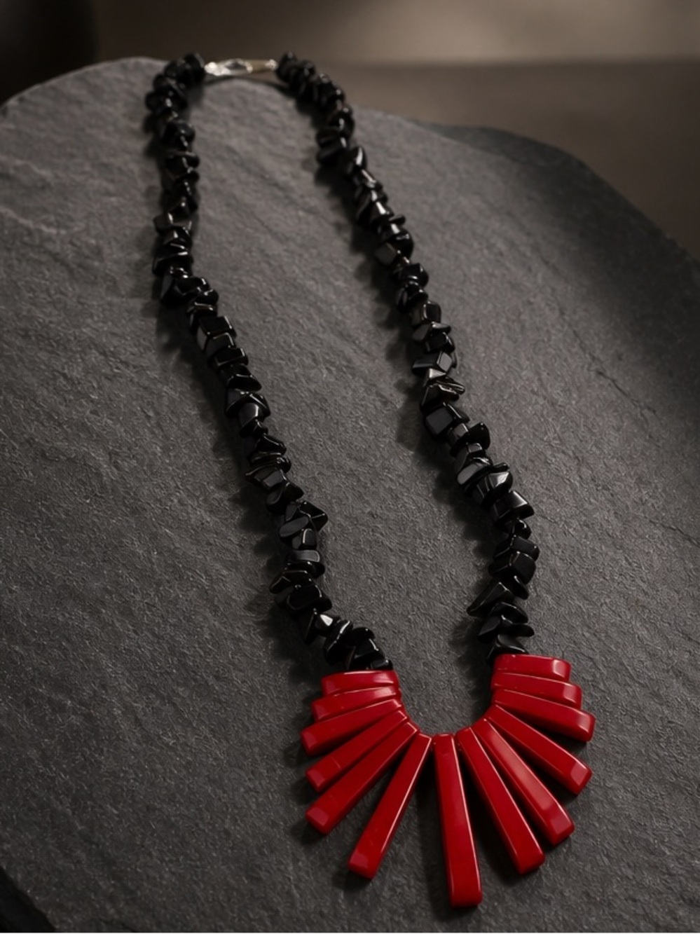 Vintage Black and Red Statement Necklace - Bold Fan Pendant
